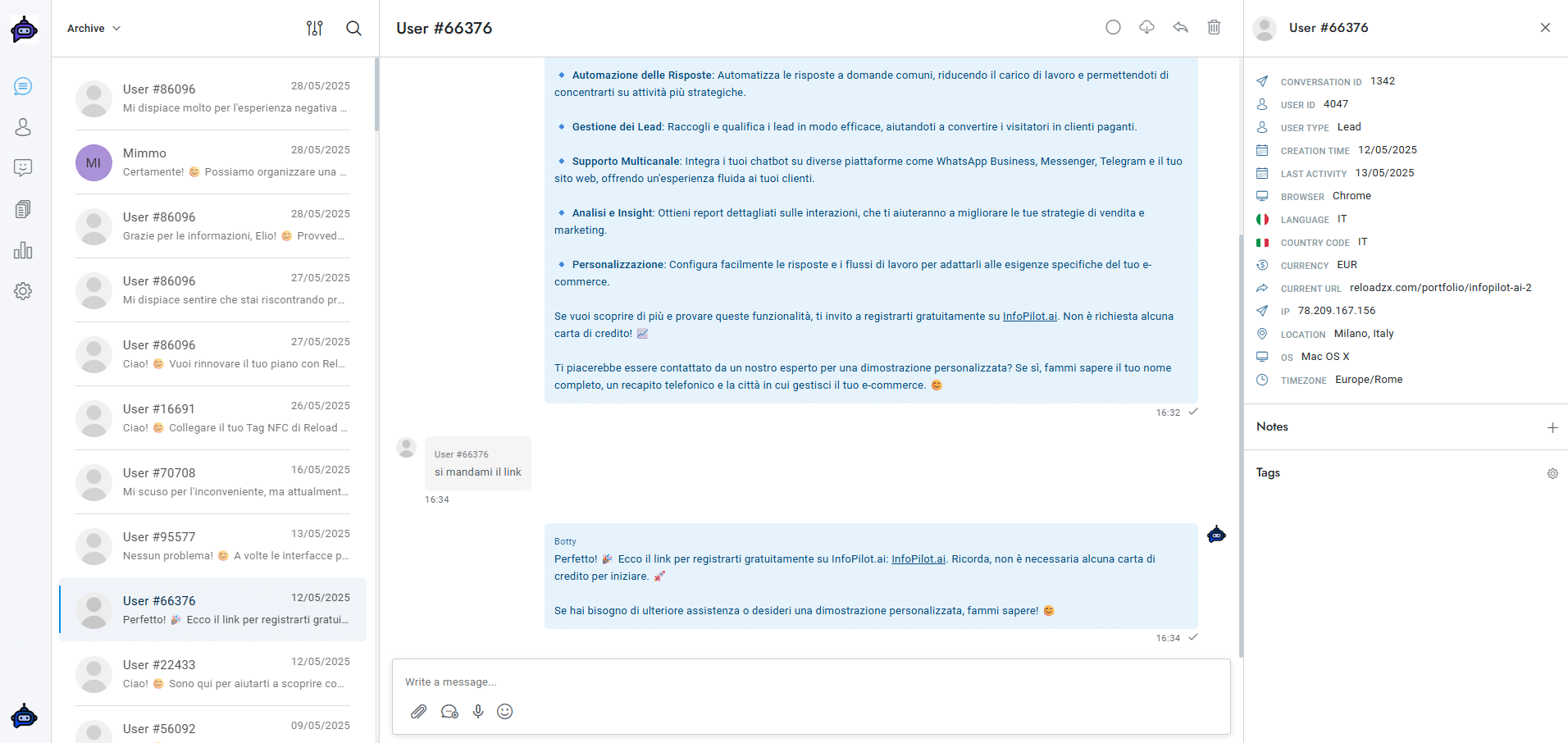 InfoPilot.ai dashboard with the multi-agent conversation inbox